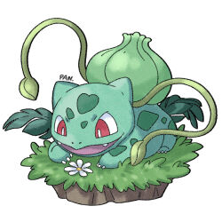 Rule 34 | animal focus, bright pupils, bulbasaur, claws, creatures (company), fangs, flower, game freak, gen 1 pokemon, highres, kashi kosugi, looking at flowers, looking down, nintendo, no humans, nostrils, on grass, open mouth, plant, pokemon, pokemon (creature), red eyes, signature, simple background, vines, white flower, white pupils