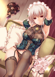 Rule 34 | 1girl, :o, alternate costume, arm behind head, arm up, armband, armpits, black panties, black thighhighs, bouquet, bow, braid, breasts, bustier, chair, cleavage, collar, corset, curvy, cushion, detached sleeves, floral print, flower, frills, garter straps, hair ornament, highleg, highleg panties, highres, izayoi sakuya, lace, lace panties, large breasts, leash, lips, lipstick, looking at viewer, maid headdress, makeup, monety, panties, parted lips, pink eyes, puffy sleeves, red eyes, rose, see-through, short hair, side braid, silver hair, single braid, sitting, solo, thick thighs, thighhighs, thighs, touhou, underwear, wide hips