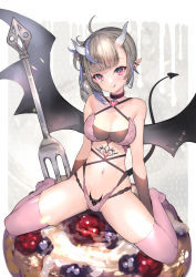 Rule 34 | 1girl, absurdres, bare shoulders, black gloves, blush, breasts, cleavage, collar, demon tail, demon wings, food, fork, gloves, grey hair, highres, hitowa, horns, long hair, looking at viewer, navel, original, pastry, pink thighhighs, side ponytail, simple background, solo, spread legs, tail, tattoo, thighhighs, white background, wings