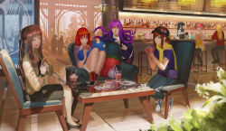 Rule 34 | 6+girls, :d, a hat in time, aged up, ahoge, aqua eyes, badeline, badge, bag, bar (place), bar stool, bartender, black footwear, black hair, black legwear, black skirt, blonde hair, blush stickers, boots, bottle, bracelet, brown eyes, brown footwear, brown hair, button badge, cabbie hat, card, celeste (video game), cellphone, chair, character request, closed mouth, colored sclera, commentary, cross-laced footwear, crossover, cup, cushion, denim, doki doki literature club, dress, drink, drinking straw, earrings, english commentary, ex-trident, closed eyes, food, fork, fruit, furrowed brow, glass, hair between eyes, hair ribbon, hat, hat kid, high heels, highres, holding, ice cream, indoors, jeans, jewelry, jill stingray, leaning forward, long hair, long sleeves, madeline (celeste), monika (doki doki literature club), multiple girls, mustache girl, necklace, open mouth, orange sclera, pants, parted lips, pencil skirt, phone, pink hair, plant, plate, playing card, pointing, ponytail, profile, purple hair, raglan sleeves, red hair, ribbon, saucer, sayori (doki doki literature club), shirt, shoes, short hair, short sleeves, sitting, skirt, smartphone, smile, stool, strawberry, stuffed animal, stuffed toy, sundae, sweatdrop, table, teacup, thighhighs, twintails, v-shaped eyebrows, va-11 hall-a, watch, white ribbon, white shirt, wooden floor, wristwatch, yellow dress