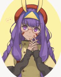 Rule 34 | 1girl, animal ears, beret, bespectacled, buttons, casual, closed mouth, coat, dark-skinned female, dark skin, eyelashes, facial mark, fate/grand order, fate (series), glasses, hairband, hat, heart, highres, hrmnas, light particles, long hair, long sleeves, medjed (fate), nail polish, nitocris (fate), purple eyes, purple hair, rabbit ears, red hat, red nails, sidelocks, sleeves past wrists, smile, solo, two-tone hairband, upper body, very long hair, whisker markings, yellow background, yellow coat