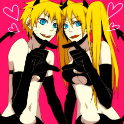 Rule 34 | 1boy, 1girl, bare shoulders, black gloves, blonde hair, blue eyes, breasts, demon horns, demon tail, elbow gloves, facial mark, facing viewer, fake horns, genderswap, genderswap (mtf), gloves, hair between eyes, hair ornament, hairband, hand up, happy, heart, honey jam32, horns, long hair, looking at viewer, medium breasts, midriff, mirrored, naruko (naruto), naruto, naruto (series), navel, open mouth, pink background, short hair, simple background, smile, strapless, tail, teeth, tongue, tube top, twintails, uzumaki naruto, whisker markings, whiskers
