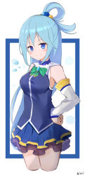 Rule 34 | &gt;:), 1girl, aqua (konosuba), auui, bare shoulders, blue eyes, blue hair, blue shirt, blue skirt, blush, bow, breasts, closed mouth, commentary request, cropped legs, detached sleeves, green bow, hair between eyes, hair ornament, hair rings, hand on own hip, highres, kono subarashii sekai ni shukufuku wo!, layered skirt, long hair, long sleeves, looking at viewer, medium breasts, pleated skirt, see-through, shirt, signature, skirt, sleeveless, sleeveless shirt, sleeves past wrists, smile, solo, v-shaped eyebrows, very long hair, water drop, white background, white sleeves