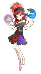 Rule 34 | 1girl, alphes (style), bare shoulders, barefoot, chain, clothes writing, collar, dairi, earth (planet), full body, hat, hecatia lapislazuli, highres, long hair, looking at viewer, moon, multicolored clothes, multicolored skirt, off shoulder, orb, parody, planet, red eyes, shirt, short sleeves, skirt, smile, solo, style parody, t-shirt, touhou, transparent background, white background