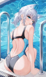 Rule 34 | 1girl, absurdres, animal ear fluff, animal ears, ass, back cutout, blue archive, blue eyes, blue halo, blue one-piece swimsuit, clothing cutout, commentary, cross hair ornament, extra ears, from behind, hair ornament, halo, highres, k.j., looking at viewer, looking back, official alternate costume, one-piece swimsuit, parted lips, pool, pool ladder, poolside, revision, shiroko (blue archive), shiroko (swimsuit) (blue archive), short ponytail, sitting, solo, swimsuit, two-tone swimsuit, water, wet, white hair, wolf ears