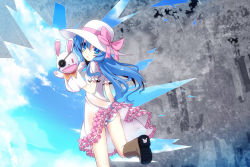 Rule 34 | 10s, 1girl, :o, animal ears, ass, blue eyes, blue hair, blue panties, blue sky, blush, boots, cameltoe, cloud, date a live, day, dress, eyepatch, from behind, hand puppet, hat, highres, long hair, looking at viewer, looking back, matching hair/eyes, panties, pantyshot, parted lips, puppet, rabbit, rabbit ears, running, see-through, sky, solo, striped clothes, striped panties, stuffed animal, stuffed rabbit, stuffed toy, sun hat, sundress, uiu, underwear, white dress, white panties, yoshino (date a live), yoshinon