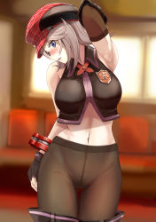 Rule 34 | 1girl, alisa ilinichina amiella, arm up, armpits, bare shoulders, blue eyes, blush, breasts, chicken (chickenx), elbow gloves, fingerless gloves, gloves, god eater, graphite (medium), hat, highres, large breasts, long hair, mechanical pencil, midriff, navel, panties, pantyhose, pantyshot, pencil, silver hair, skirt, sleeveless, solo, thighhighs, traditional media, underwear