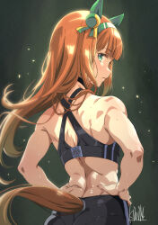 Rule 34 | 1girl, alternate costume, animal ears, aqua eyes, artist name, bare shoulders, black sports bra, closed mouth, clothing cutout, commentary, ear covers, from behind, hairband, hands on own hips, highres, horse ears, horse girl, horse tail, kibidango 14-gou, long hair, looking at viewer, looking back, midriff, muscular, muscular female, nape, orange hair, silence suzuka (umamusume), solo, sports bra, sweat, tail, tail through clothes, umamusume, white hairband