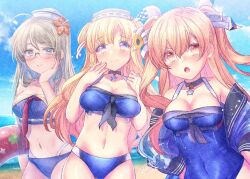 Rule 34 | 3girls, ahoge, artist name, beach, bikini, black choker, blonde hair, blue bikini, blue eyes, blue jacket, blue one-piece swimsuit, blush, breasts, brown eyes, choker, cleavage, closed mouth, collarbone, commentary request, commission, cosplay, covered navel, day, double bun, fletcher (kancolle), fletcher mk ii (kancolle), flower, glasses, gluteal fold, grey eyes, grey hair, hair between eyes, hair bun, hair flower, hair ornament, hairband, hat, heywood l. edwards (kancolle), innertube, ittokyu, jacket, johnston (kancolle), johnston (kancolle) (cosplay), kantai collection, large breasts, light brown hair, long hair, long sleeves, looking at viewer, multiple girls, navel, ocean, one-piece swimsuit, open clothes, open jacket, open mouth, red flower, signature, skeb commission, smile, star (symbol), star hair ornament, swim ring, swimsuit, two side up, white headwear