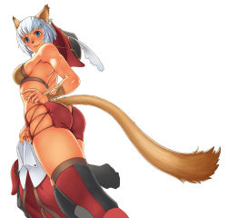 Rule 34 | 00s, 1girl, absurdres, animal ears, armpits, ass, back, blue eyes, boots, bracer, breasts, butt crack, cat ears, cat girl, cat tail, clothing cutout, facial mark, feathers, final fantasy, final fantasy xi, from behind, gochou (kedama), hat, highres, looking back, mithra (ff11), no panties, red mage (final fantasy), shiny skin, short hair, short shorts, shorts, sideboob, simple background, smile, solo, standing, tail, tail hole, tail through clothes, thigh boots, thighhighs, white hair