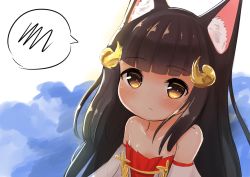 Rule 34 | 1girl, animal ears, azur lane, bare shoulders, blush, brown eyes, brown hair, closed mouth, collarbone, commentary request, curled horns, detached sleeves, dress, horns, long hair, looking at viewer, nagato (azur lane), neko miyabi (artist), red dress, solo, spoken squiggle, squiggle, strapless, strapless dress, very long hair, water, white background