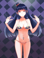 Rule 34 | 1girl, between fingers, blank stare, blunt bangs, breasts, checkered background, choker, collarbone, commentary request, cross, crotchless, crotchless panties, ear piercing, expressionless, groin, hat, head tilt, holding, kadan (ad1999), labia piercing, large breasts, long hair, looking at viewer, navel, navel piercing, needle, nipple piercing, original, panties, parted lips, piercing, pussy, pussy piercing, side-tie panties, simple background, solo, standing, top hat, triangle mouth, uncensored, underboob, underwear