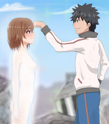 Rule 34 | 1boy, 1girl, 2020, 20s, ass, bare shoulders, black eyes, black hair, blush, breasts, brown eyes, brown hair, city, clothed male nude female, collarbone, completely nude, crying, day, destruction, from side, glowing, hetero, kamijou touma, karuo, looking at another, misaka mikoto, misaka mikoto level 6 shift, nude, outdoors, short hair, sideboob, sky, small breasts, smile, spiked hair, standing, tears, toaru kagaku no railgun, toaru majutsu no index