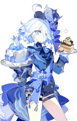 Rule 34 | 1girl, ahoge, ascot, asymmetrical gloves, blue ascot, blue bow, blue eyes, blue gloves, blue hair, blue jacket, blue sash, bow, cake, cake slice, closed mouth, cowboy shot, cyenmi3, food, furina (genshin impact), genshin impact, gloves, hair between eyes, hat, heterochromia, highres, holding, holding plate, jacket, kodona, lolita fashion, long sleeves, mismatched pupils, multicolored hair, parted bangs, plate, puff of air, sash, short hair, short shorts, shorts, simple background, smile, solo, streaked hair, swept bangs, thigh strap, top hat, vision (genshin impact), white background, white gloves