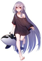 Rule 34 | 1girl, absurdres, arknights, bare legs, bare shoulders, barefoot, black coat, blush, closed mouth, coat, collarbone, eyebrows, feet, female focus, highres, holding, holding toy, long hair, looking at viewer, orca, pout, red eyes, shy, silver hair, simple background, single bare shoulder, skadi (arknights), solo, standing, sweater, tachi-e, tears, ten no hoshi, toenails, toes, toy, transparent background, whale, white background