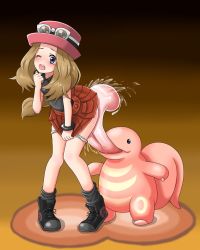 Rule 34 | 10s, 1girl, alternate legwear, bent over, blue eyes, blush, boots, brown hair, collared shirt, covering crotch, covering privates, creatures (company), cunnilingus, fataris, game freak, gen 1 pokemon, glasses, hat, knees together feet apart, licking, lickitung, nintendo, one eye closed, open mouth, oral, panties, panty pull, pokemon, pokemon (creature), pokemon xy, pokephilia, serena (pokemon), shirt, shoes, skirt, sneakers, standing, standing cunnilingus, sunglasses, tears, underwear, white panties, wink