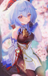 Rule 34 | 1girl, absurdres, ahoge, aisaka tisato, bare shoulders, bell, black gloves, black pantyhose, blue hair, blush, breasts, cherry blossoms, chinese knot, detached sleeves, flower, flower knot, ganyu (genshin impact), genshin impact, gloves, gold trim, highres, holding, holding flower, horns, in tree, long hair, looking at viewer, medium breasts, neck bell, pantyhose, purple eyes, sidelocks, sitting, sitting in tree, smile, solo, tassel, thighlet, tree, vision (genshin impact), white sleeves