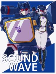 1boy 1girl 580aoi absurdres assault_visor decepticon genderswap genderswap_(mtf) hat highres humanization looking_at_viewer mecha red_eyes robot science_fiction soundwave_(transformers) transformers transformers:_generation_1 weapon