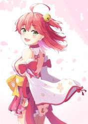 Rule 34 | 1girl, ahoge, bare shoulders, bell, blush, breasts, cherry blossom print, cherry blossoms, detached sleeves, floral print, frills, from behind, green eyes, hair bell, hair between eyes, hair ornament, hololive, long hair, looking at viewer, looking back, medium breasts, nontraditional miko, one side up, open mouth, paw print, paw print pattern, petal print, petals, pink hair, sakura miko, sakura miko (1st costume), sideboob, solo, starkamisan, tongue, virtual youtuber, wide sleeves