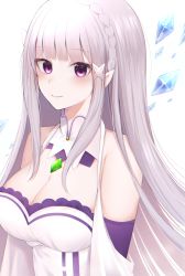 Rule 34 | 1girl, bare shoulders, blunt bangs, blush, braid, breasts, cleavage, closed mouth, commentary request, crown braid, crystal, detached sleeves, dress, emilia (re:zero), flower, gem, hair ornament, highres, large breasts, long hair, looking at viewer, nerua, pointy ears, purple eyes, re:zero kara hajimeru isekai seikatsu, silver hair, simple background, smile, solo, upper body, white background, white dress, white flower, x hair ornament