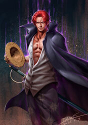 Rule 34 | 1boy, abs, absurdres, black coat, closed mouth, coat, commentary request, dannis, dated, facial hair, hat, highres, holding, holding clothes, holding hat, male focus, one piece, open clothes, red hair, scar, scar across eye, scar on face, shanks (one piece), shirt, short hair, signature, smile, solo, straw hat, sword, unworn hat, unworn headwear, weapon, white shirt