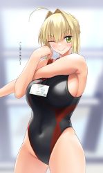 Rule 34 | 1girl, ahoge, bare shoulders, black one-piece swimsuit, blonde hair, blush, braid, breasts, closed mouth, competition swimsuit, covered navel, fate/extra, fate (series), french braid, gachou, green eyes, hair between eyes, hair bun, hair intakes, highleg, highleg swimsuit, highres, id card, lanyard, large breasts, long hair, looking at viewer, nero claudius (fate), nero claudius (fate) (all), nero claudius (fate/extra), one-piece swimsuit, one eye closed, red one-piece swimsuit, single hair bun, smile, solo, stretching, swimsuit, translation request, two-tone swimsuit