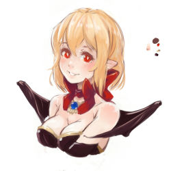 Rule 34 | 1girl, alternate hairstyle, bare shoulders, bat wings, blonde hair, bow, breasts, cleavage, color guide, demon girl, demstouts, disgaea, dress, hair down, jewelry, looking at viewer, makai senki disgaea 2, palette (object), pointy ears, red bow, red eyes, red ribbon, ribbon, rozalin, smile, solo, strapless, strapless dress, upper body, white background, wings