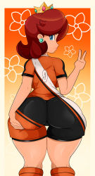 Rule 34 | 1girl, absurdres, ass, blue eyes, border, brown hair, cameltoe, closed mouth, cowboy shot, crown, earrings, freckles, from behind, gradient background, highres, huge ass, jewelry, lips, looking at viewer, looking back, mario (series), mario strikers: battle league, nintendo, orange background, orange shirt, orange socks, princess daisy, shirt, short hair, shorts, smile, socks, solo, sonson-sensei, sportswear, standing, thigh gap, v, wide hips