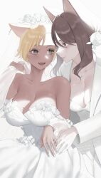 Rule 34 | 2girls, animal ears, bare shoulders, blonde hair, bloom, breasts, brown hair, cleavage, closed mouth, coat, collarbone, commentary, commission, cross, dress, english commentary, eye contact, fingernails, flower, fox ears, fox girl, grey eyes, hair flower, hair ornament, highres, holding hands, jewelry, jpeg artifacts, latin cross, long hair, long sleeves, looking at another, medium breasts, multiple girls, nail polish, open clothes, open coat, open mouth, original, ring, rose, short hair, simple background, skeb commission, smile, teeth, thank you, upper teeth only, wedding dress, white background, white coat, white dress, white flower, white nails, white rose, youichi (45 01)