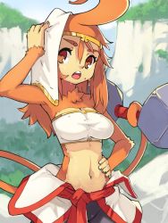 Rule 34 | 1girl, ahoge, belt bra, bike shorts, bra, commentary, commission, cowboy shot, day, english commentary, furry, furry female, hand on own hip, hand up, highres, looking at viewer, mole, mole under mouth, navel, open mouth, orange eyes, orange hair, original, outdoors, solo, towel, towel on head, underwear, vins-mousseux, wet, white bra