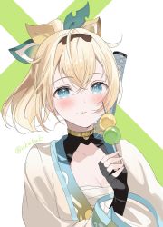 Rule 34 | 1girl, akamoku, banned artist, black gloves, black hairband, blonde hair, blue eyes, blush, closed mouth, commentary request, dango, eating, fingerless gloves, food, food on face, gloves, hair between eyes, hairband, haori, highres, holding, holding food, hololive, holox, japanese clothes, kazama iroha, long sleeves, looking at viewer, sarashi, short hair, solo, sword, twitter username, upper body, virtual youtuber, wagashi, weapon, weapon on back