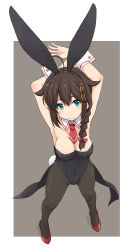 Rule 34 | 1girl, adapted costume, animal ears, arms behind head, arms up, bare shoulders, black leotard, black pantyhose, blue eyes, braid, breasts, brown hair, cleavage, collarbone, detached collar, fake animal ears, from above, grey background, hair flaps, hair over shoulder, kantai collection, kugui kiyunemu, leotard, looking at viewer, medium breasts, neckerchief, pantyhose, playboy bunny, rabbit ears, rabbit tail, red footwear, red neckerchief, shigure (kancolle), shigure kai ni (kancolle), showgirl skirt, single braid, smile, solo, tail, wrist cuffs