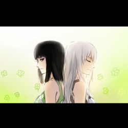 Rule 34 | 2girls, back-to-back, black hair, family, female focus, letterboxed, mother and daughter, multiple girls, nico olvia, nico robin, one piece, time paradox, totsukitouka, white hair