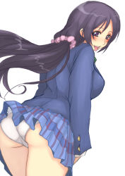 Rule 34 | 10s, 1girl, :p, ass, black hair, blazer, blush, breasts, from behind, garyou, jacket, large breasts, looking at viewer, looking back, love live!, love live! school idol project, panties, pantyshot, plaid, plaid skirt, pleated skirt, purple eyes, school uniform, scrunchie, simple background, skirt, solo, standing, tongue, tongue out, tojo nozomi, underwear, upskirt, white background, white panties