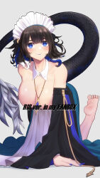 Rule 34 | 1girl, arknights, arm support, bare shoulders, barefoot, black hair, blue eyes, blue hair, blue lips, blue nails, breasts, breasts out, censored, censored nipples, cleavage, commentary request, detached collar, detached sleeves, dress, feet, grey background, highres, jewelry, kjera (arknights), kjera (ingenious servant) (arknights), large breasts, long sleeves, looking at viewer, maid, maid headdress, multicolored hair, nail polish, official alternate costume, pendant, simple background, smile, soles, solo, strapless, strapless dress, tail, toes, variant set, white dress, wide sleeves, yamauchi (conan-comy)