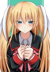 Rule 34 | &gt;:(, 1girl, aqua eyes, black jacket, blazer, blonde hair, blush, border, bow, clenched hands, closed mouth, collared shirt, commentary, eyes visible through hair, frown, green background, hair between eyes, hair ribbon, hands up, jacket, little busters!, little busters! school uniform, long hair, long sleeves, looking at viewer, own hands together, pink bow, ribbon, school uniform, shirt, sidelocks, simple background, solo, straight-on, straight hair, sweatdrop, tokido saya, twitter username, two side up, upper body, v-shaped eyebrows, very long hair, white border, white ribbon, white shirt, xdjf63qbpt0iqmj