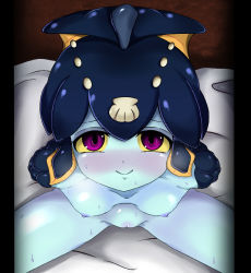 Rule 34 | 1girl, arms behind back, bad id, bad pixiv id, beruzumi-m, blue skin, blunt bangs, blush, border, breasts, colored skin, dark nipples, fish girl, hair ornament, looking at viewer, minette (skullgirls), monster girl, nipples, nude, pillarboxed, pink eyes, pov, pussy, scales, shell, skullgirls, small breasts, smile, solo, sweat, uncensored