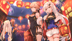 Rule 34 | 3girls, back, bare shoulders, belt, black dress, blonde hair, blue dress, bow, breasts, china dress, chinese clothes, chinese lantern (plant), chinese new year, cleavage, closed mouth, clothes pull, dress, feet out of frame, fireworks, food, fur, fur-trimmed jacket, fur trim, girls&#039; frontline, grey eyes, hair bow, hair ornament, hairclip, highres, holding, holding case, holding food, holding lantern, jacket, jacket pull, lantern, long hair, looking at another, medium breasts, multiple girls, muteppona hito, official alternate costume, open clothes, open jacket, open mouth, ots-14 (girls&#039; frontline), ots-14 (sangria succulent) (girls&#039; frontline), red jacket, shorts, silver hair, smile, standing, svd (camellia&#039;s vigil) (girls&#039; frontline), svd (girls&#039; frontline), white shorts, yellow eyes
