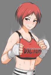 Rule 34 | 1girl, blush, boxing gloves, breasts, clothes writing, dead or alive, dead or alive 5, fingerless gloves, gloves, large breasts, midriff, mila (doa), mixed martial arts, navel, red eyes, red hair, short hair, shorts, solo, sports bra, sweat, tecmo, testes