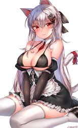Rule 34 | 1girl, animal ears, apron, between breasts, between legs, bikini, bikini top only, black bikini, blush, breasts, cat ears, cat tail, cleavage, closed mouth, detached collar, detached sleeves, frill trim, frills, girls&#039; frontline, hair between eyes, hair ornament, hair ribbon, hairclip, hand between legs, highres, iws 2000 (girls&#039; frontline), kemonomimi mode, large breasts, looking at viewer, necktie, necktie between breasts, red eyes, ribbon, sidelocks, silver hair, simple background, sitting, skirt, solo, swimsuit, tail, tail ornament, tail ribbon, thighhighs, underbust, waist apron, wariza, white background, white thighhighs, wide hips, zerocat