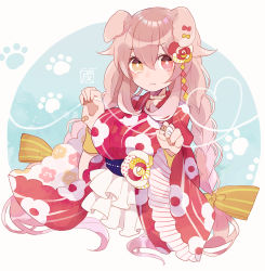 Rule 34 | 1girl, animal ears, artist name, bandaged fingers, bandages, bandaid, bandaid on hand, bow, braid, chon (chon33v), ear ribbon, fang, floral print, flower, frills, grey hair, hair between eyes, hair bow, hair flaps, hair flower, hair ornament, heart, heterochromia, highres, long hair, long sleeves, looking at viewer, orange eyes, original, paw pose, paw print, red eyes, solo, striped, striped bow, twin braids, upper body, wide sleeves, wristband, yellow bow