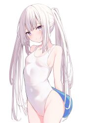 Rule 34 | 1girl, absurdres, blush, breasts, closed mouth, commentary request, covered navel, highres, long hair, looking at viewer, memekko, one-piece swimsuit, original, purple eyes, sidelocks, small breasts, solo, standing, swimsuit, twintails, very long hair, white hair, white one-piece swimsuit