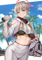 Rule 34 | 1girl, bag, blue archive, blue sky, bottle, breasts, brown hair, cenangam, clenched teeth, cloud, day, halo, highres, holding, holding bag, holding bottle, large breasts, leggings, looking at viewer, marina (blue archive), midriff, navel, outdoors, palm tree, short hair, sky, smile, solo, sports bra, sweat, teeth, tree, yellow eyes