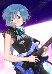 Rule 34 | 1girl, black dress, blue eyes, blue hair, blue nails, blush, bow, bow earrings, closed mouth, commentary request, dress, earrings, electric guitar, fingernails, green ribbon, guitar, highres, holding, holding instrument, hololive, hoshimachi suisei, hoshimachi suisei (streetwear), instrument, jewelry, light smile, looking down, medium hair, music, nail polish, neck ribbon, playing instrument, ribbon, ring, saco (cgmore), single earring, sleeveless, sleeveless dress, solo, star (symbol), star in eye, symbol in eye, virtual youtuber