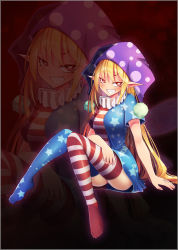 Rule 34 | 1girl, alternate legwear, american flag dress, american flag legwear, blonde hair, blush, border, breasts, bright pupils, clownpiece, dress, full body, grin, hat, highres, jester cap, knees together feet apart, long hair, looking at viewer, medium breasts, neck ruff, pointy ears, polka dot, purple hat, red eyes, short dress, short sleeves, smile, solo, star (symbol), star print, striped clothes, striped dress, striped thighhighs, thighhighs, touhou, very long hair, wings, z.o.b, zoom layer