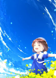 Rule 34 | 00s, 1girl, brown hair, child, clannad, closed eyes, cloud, day, dress, hat, highres, minamito, okazaki ushio, open mouth, outstretched arms, sailor dress, school uniform, short hair, sky, spread arms