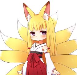 Rule 34 | 1girl, animal ears, blonde hair, blush, closed mouth, detached sleeves, fox ears, fox tail, hakama, hakama skirt, japanese clothes, kai himo, long sleeves, looking at viewer, multiple tails, original, purple eyes, red hakama, simple background, skirt, solo, standing, tail, white background, wide sleeves