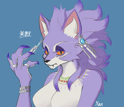 Rule 34 | 1girl, alternate form, animal ears, armlet, bracelet, breasts, cat ears, cat girl, claws, colored sclera, earrings, fangs, furry, highres, isabella (seiken densetsu 3), jewelry, necklace, no nipples, purple fur, purple hair, ring, seiken densetsu, seiken densetsu 3, slit pupils, xan (xan0712), yellow sclera