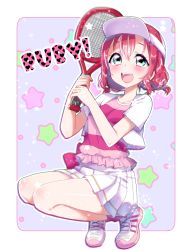 Rule 34 | 1girl, :d, alternate hairstyle, aqua eyes, blush, character name, highres, holding, holding racket, jacket, kurosawa ruby, looking at viewer, love live!, love live! school idol festival, love live! sunshine!!, low twintails, miniskirt, open mouth, outline, pink shirt, pink socks, pleated skirt, racket, red hair, rinne (mizunosato), shirt, shoes, short sleeves, short twintails, skirt, smile, sneakers, socks, solo, squatting, star (symbol), starry background, striped clothes, striped shirt, tennis racket, twintails, visor cap, white jacket, white outline, white skirt