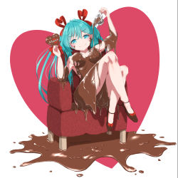 Rule 34 | 1girl, aqua eyes, aqua hair, chocolate, chocolate on body, cup, food on body, full body, hair ornament, hatsune miku, heart, highres, holding, holding cup, holding heart, leg lift, long hair, looking at viewer, sitting, smile, twintails, valentine, vocaloid, yukichi (yu-ame)